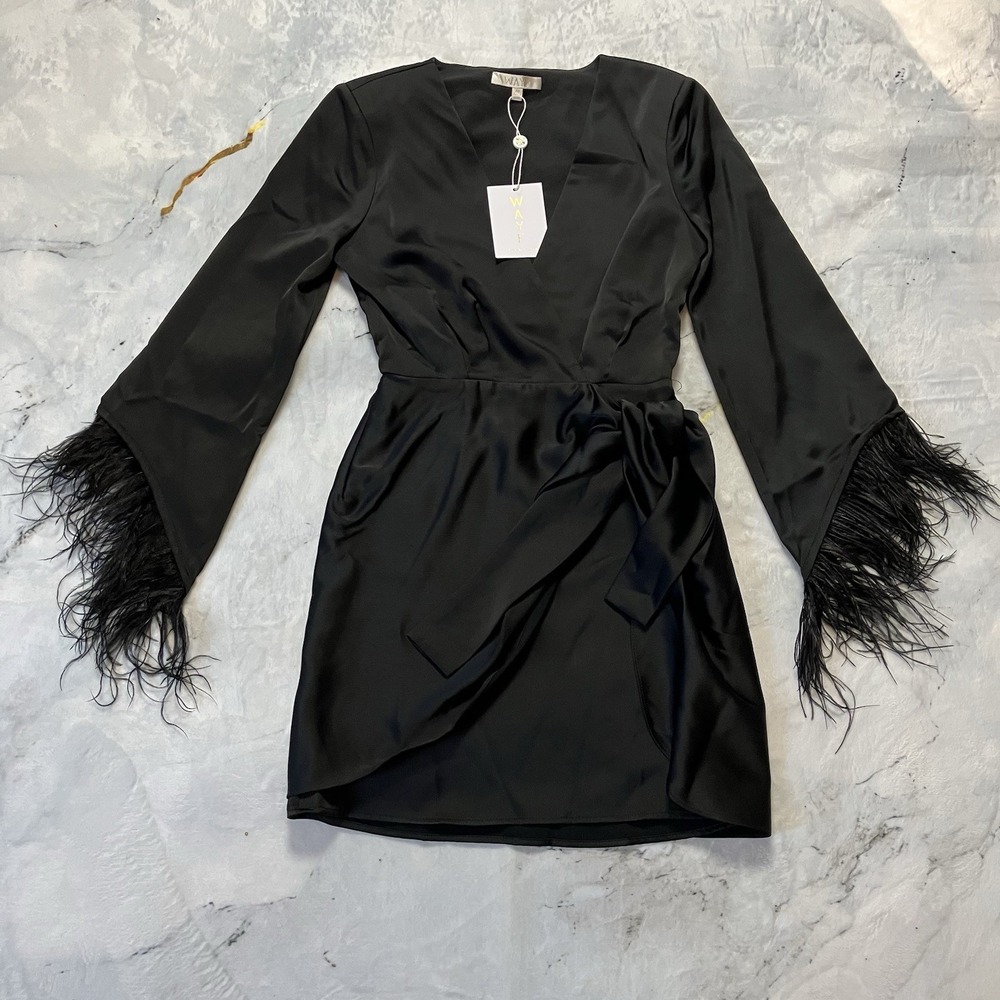 Wayf Dress Womens Size XS Black Feather Trim Wrap Mini Long Sleeve Party